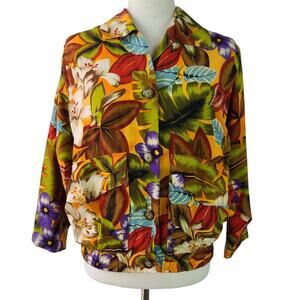 Nordstrom Orange Blue Green Tropical Floral SILK Lined Jacket Top Size M P